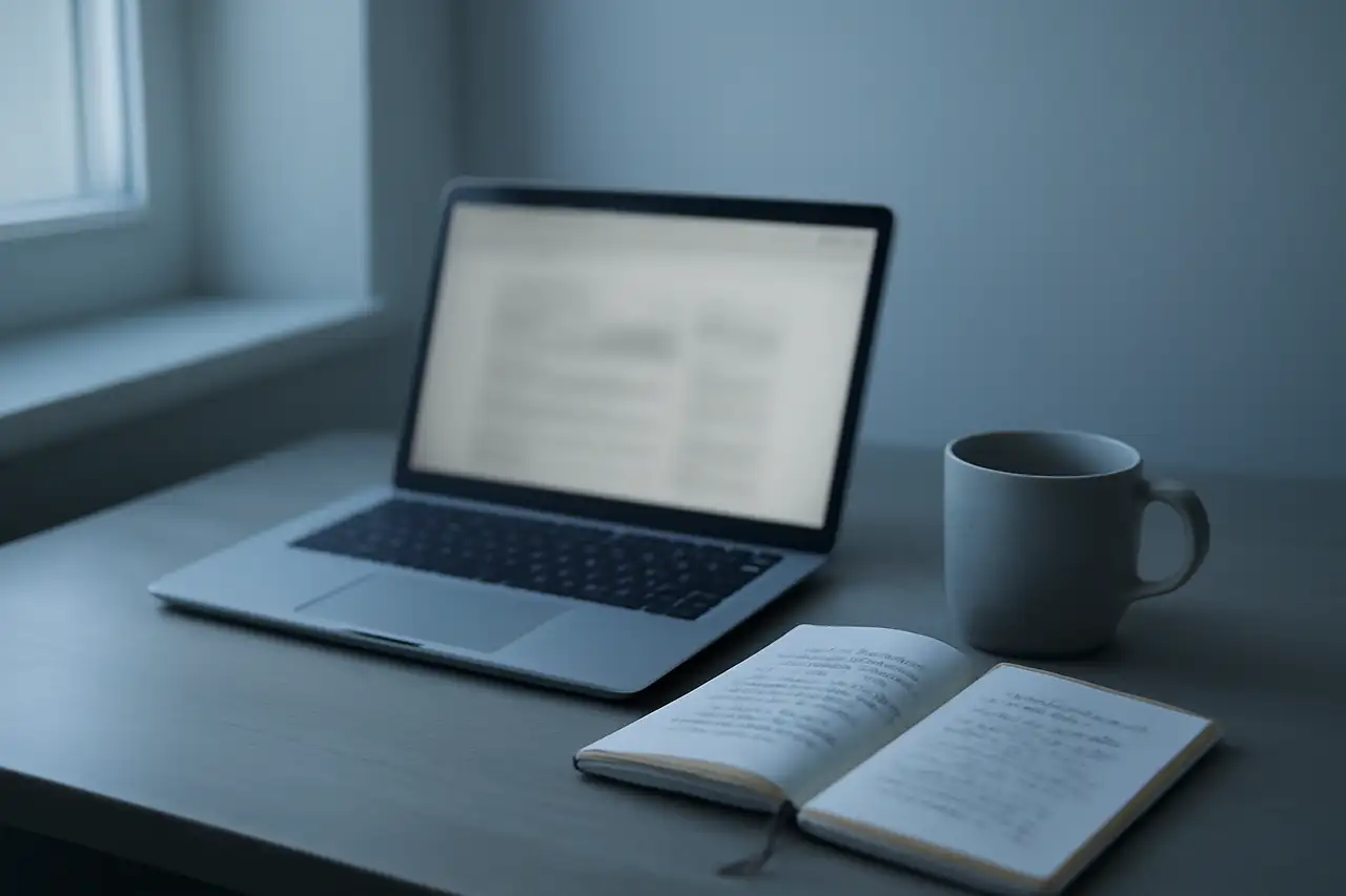 Bureau met laptop en notitieblok bij daglicht